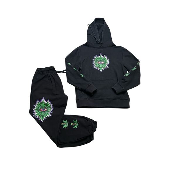 Y2K MBM Eye of Enlightenment Hoodie & Sweatpants Set Black Size S Weed Plant - Picture 1 of 16